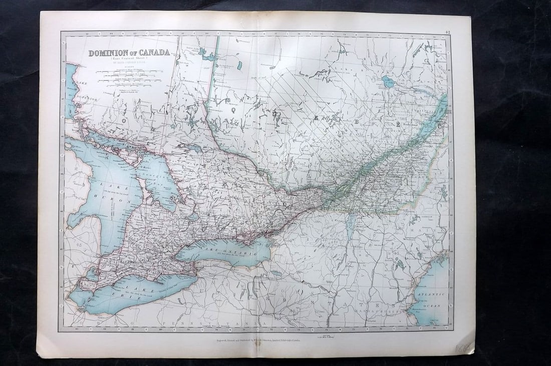 Johnston 1906 Antique Map. Dominion of Canada - East Central Sheet: Antique Folio Steel Engraved Map Published 1906, Edinburgh & London for "The Handy Atlas of Modern Geography" by Alexander Keith Johnston and G. H. Johnston. Centre fold as published. Paper Size: 19 x