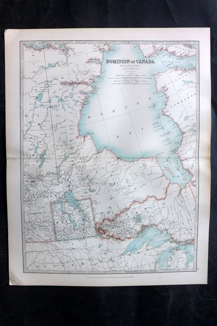 Johnston 1906 Antique Map. Dominion of Canada - West Central Sheet: Antique Folio Steel Engraved Map Published 1906, Edinburgh & London for "The Handy Atlas of Modern Geography" by Alexander Keith Johnston and G. H. Johnston. Centre fold as published. Paper Size: 19 x