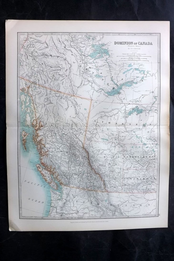 Johnston 1906 Antique Map. Dominion of Canada - Western Sheet: Antique Folio Steel Engraved Map Published 1906, Edinburgh & London for "The Handy Atlas of Modern Geography" by Alexander Keith Johnston and G. H. Johnston. Centre fold as published. Paper Size: 19 x