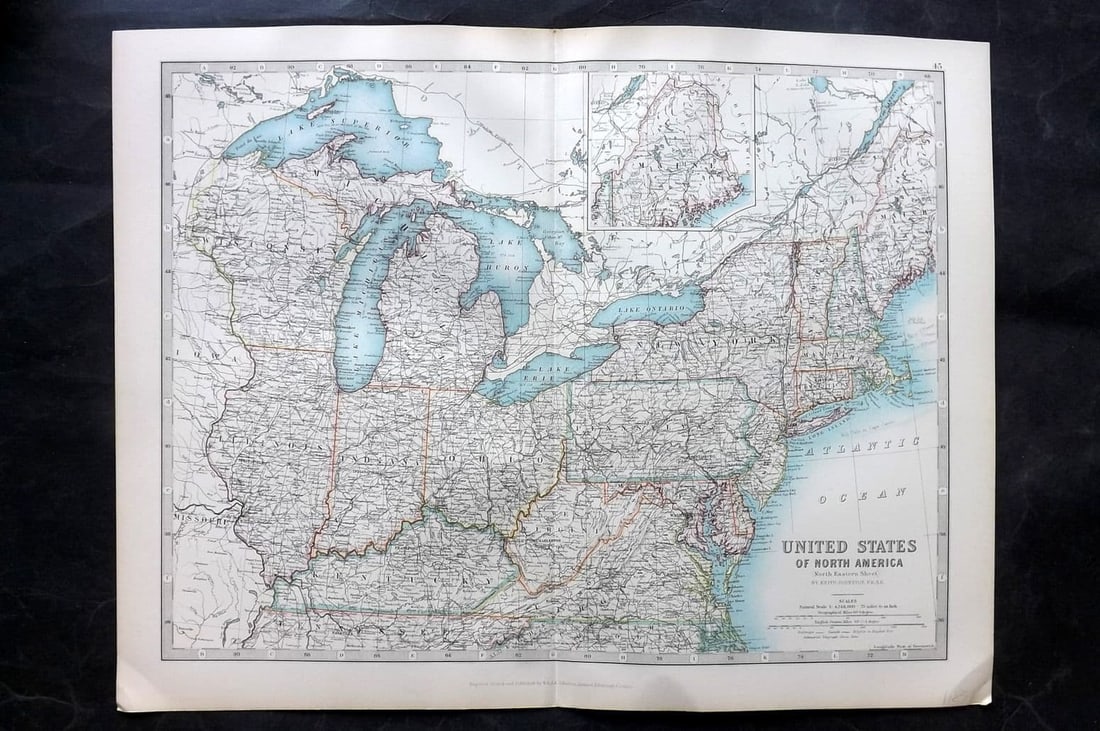 Johnston 1906 Antique Map. United States of North America - North Eastern Sheet: Antique Folio Steel Engraved Map Published 1906, Edinburgh & London for "The Handy Atlas of Modern Geography" by Alexander Keith Johnston and G. H. Johnston. Centre fold as published. Paper Size: 19 x