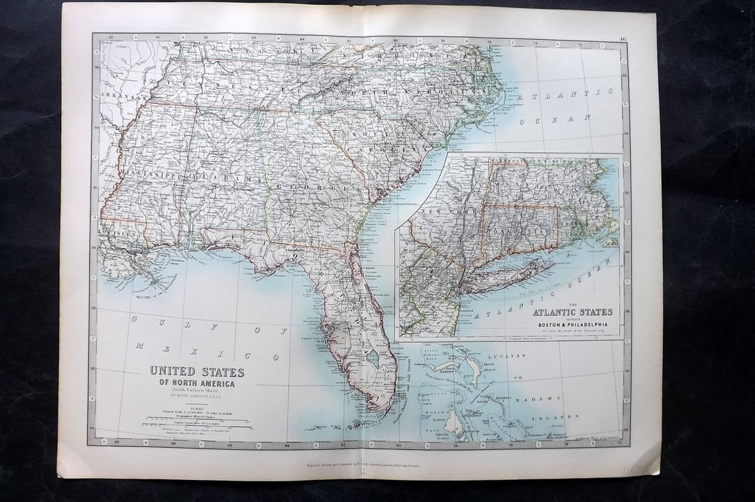Johnston 1906 Antique Map. United States of North America - South Eastern Sheet (1 of 1)