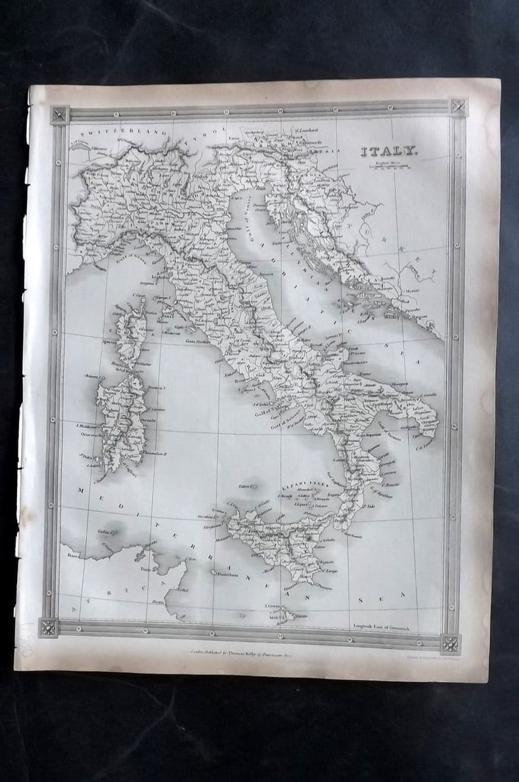 Kelly & Barclay 1843 Antique Map. Italy: Antique Steel Engraved Map Published 1843 by Thomas Kelly, London for "A New and Universal English Dictionary" by the Rev. James Barclay. Very minor margin toning. Paper Size: 10.5 x 8 inch (27 x 21cm