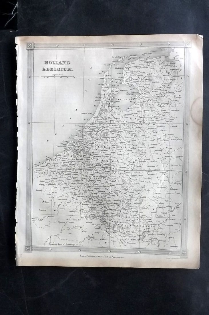Kelly & Barclay 1843 Antique Map. Holland & Belgium: Antique Steel Engraved Map Published 1843 by Thomas Kelly, London for "A New and Universal English Dictionary" by the Rev. James Barclay. Very minor margin toning and margin water staining. Paper Size