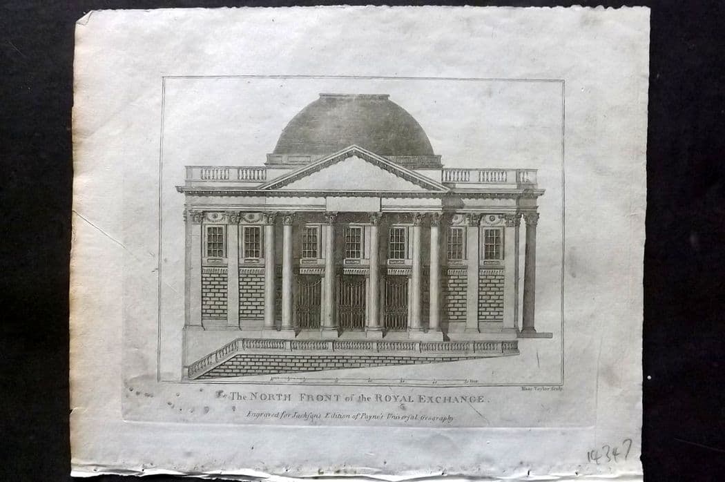 Payne 1809 Antique Print. Royal Exchange, Dublin, Ireland: Antique Copper Plate Published 1809, Dublin for "Universal Geography, formed into a New and Entire System..." by John Payne. Paper Size: 10 x 8 inch (25 x 20cm) Approx. Good Condition