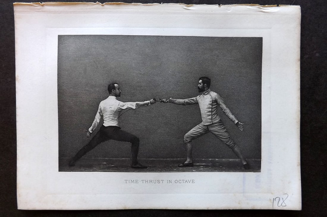 Badminton Library 1889 Antique Sword Fencing Print. Time Thrust in Octave. (1 of 1)