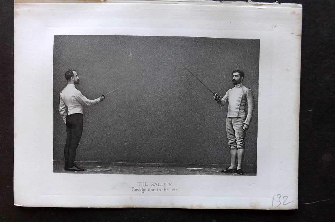 Badminton Library 1889 Antique Sword Fencing Print. The Salute. Recognition to the left.: Antique Photogravure Published 1889, London for "The Badminton Library of Sports and Pastimes..." by Walter H. Pollock, E. B. Michell, and Walter Armstrong. Paper Size: 7.5 x 5 inch (19 x 13cm)
