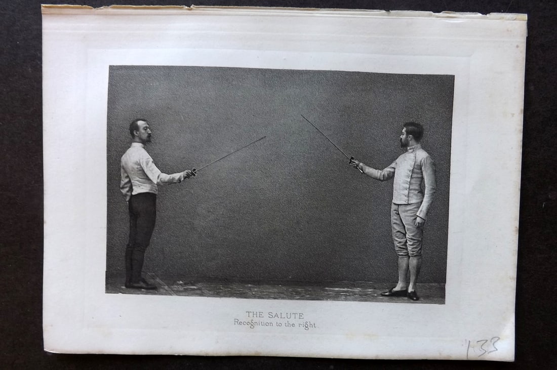 Badminton Library 1889 Antique Sword Fencing Print. The Salute. Recognition to the right.: Antique Photogravure Published 1889, London for "The Badminton Library of Sports and Pastimes..." by Walter H. Pollock, E. B. Michell, and Walter Armstrong. Paper Size: 7.5 x 5 inch (19 x 13cm) Very m