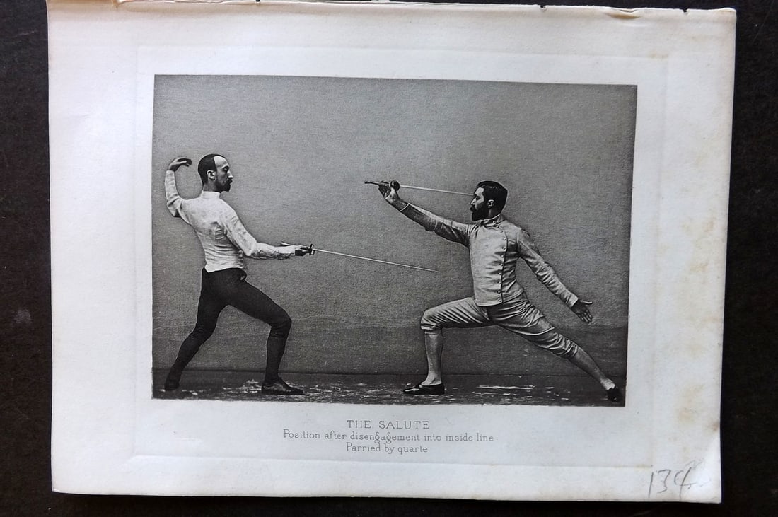 Badminton Library 1889 Antique Sword Fencing Print. The Salute, Position after disengagement.: Antique Photogravure Published 1889, London for "The Badminton Library of Sports and Pastimes..." by Walter H. Pollock, E. B. Michell, and Walter Armstrong. Paper Size: 7.5 x 5 inch (19 x 13cm) Very m