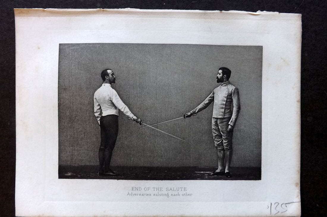 Badminton Library 1889 Antique Sword Fencing Print. End of the Salute.: Antique Photogravure Published 1889, London for "The Badminton Library of Sports and Pastimes..." by Walter H. Pollock, E. B. Michell, and Walter Armstrong. Paper Size: 7.5 x 5 inch (19 x 13cm) Good C