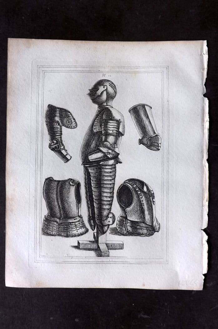 Grose, Francis 1801 Antique Military Print. Ancient Armour 14: Antique Copper Plate Published 1801, London for "Military Antiquities Respecting a History of the English Army from the Conquest to the Present Time" by Francis Grose. Paper Size: 10.5 x 8 inch (27 x 