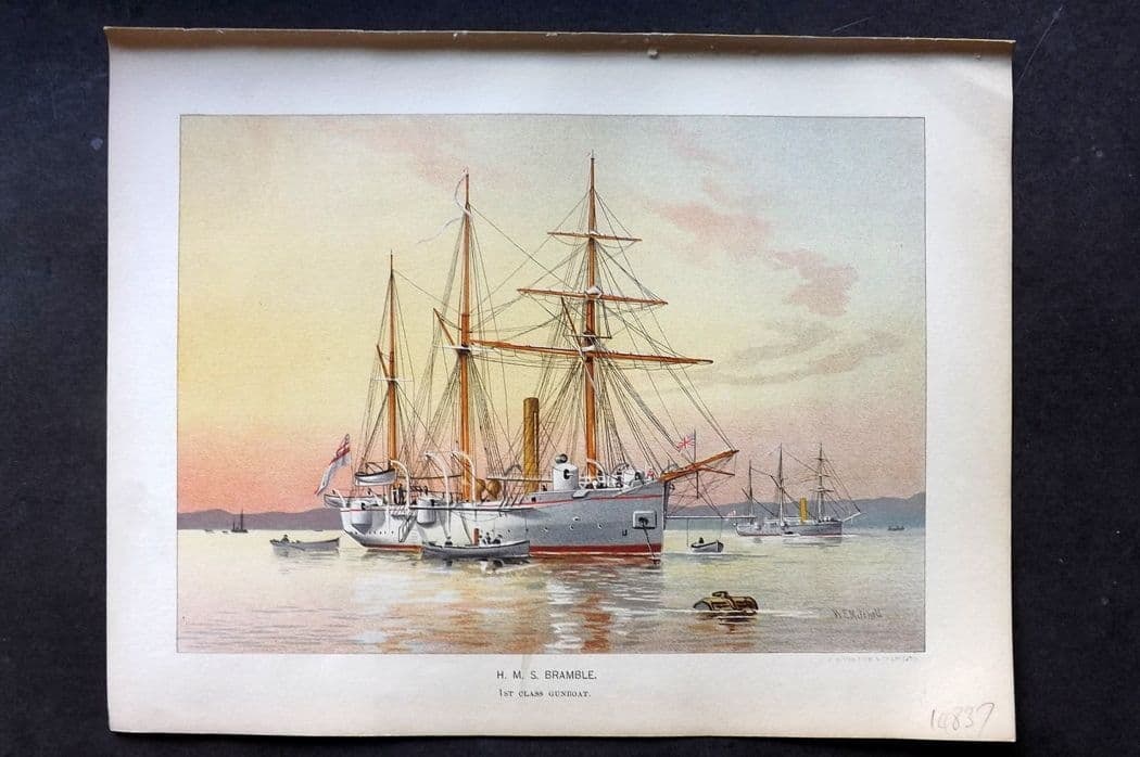 H. M. Navy 1893 Antique Ship Print. H. M. S. Bramble, 1st Class Gunboat: Antique Chromolithograph Published 1889-1893 by J.S.Virtue & Co., London for "Her Majesty's Navy" By Lt. Charles Rathbone Low. Illustrated by W. Christian Symons and W. Fred Mitchell. Paper Size: 10.5