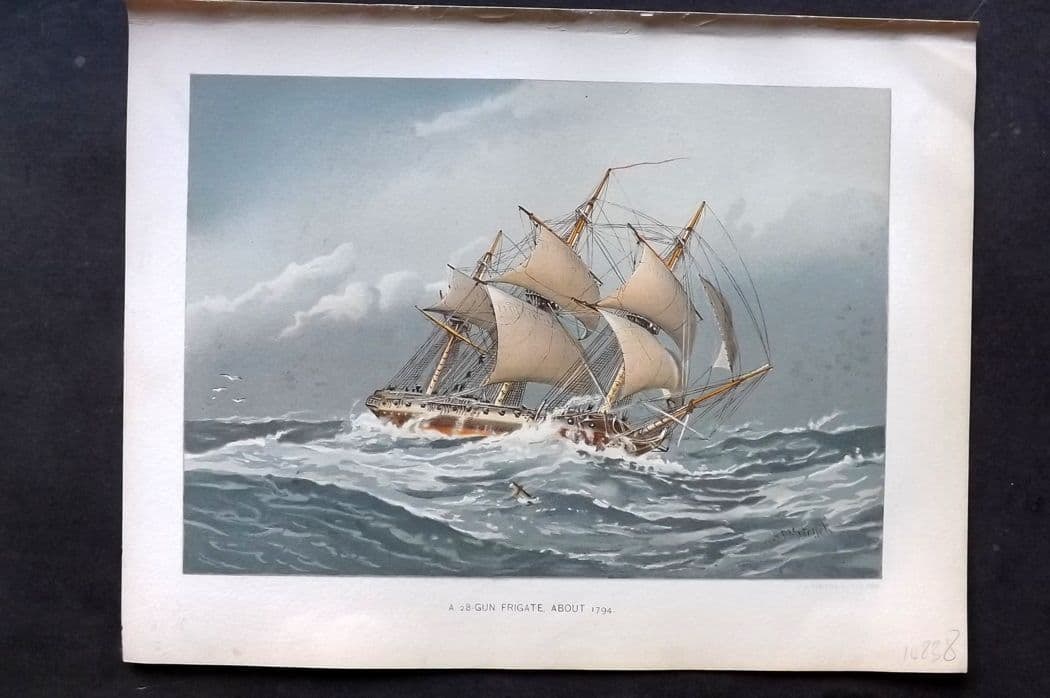 H. M. Navy 1893 Antique Ship Print. A 38 Gun Frigate about 1794: Antique Chromolithograph Published 1889-1893 by J.S.Virtue & Co., London for "Her Majesty's Navy" By Lt. Charles Rathbone Low. Illustrated by W. Christian Symons and W. Fred Mitchell. Paper Size: 10.5