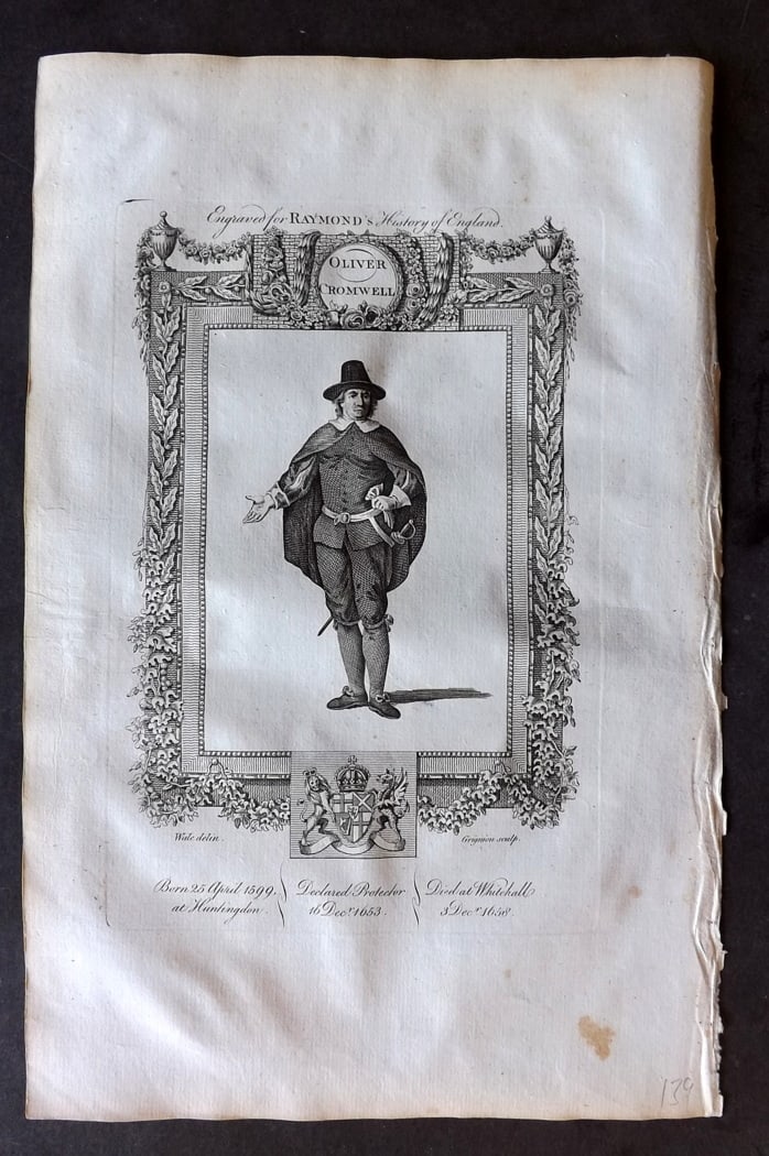 Raymond, George 1787 Folio Portrait Print. Oliver Cromwell: Folio Copper Plate Published 1787, London for "A New, Universal and Impartial History of England" also titled "Raymond's History of England" by George Frederick Raymond. Paper Size: 14 x 9 inch (36 x 