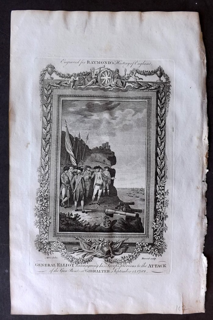 Raymond, George 1787 Folio Military Print. Gen. Elliot at Gibraltar: Folio Copper Plate Published 1787, London for "A New, Universal and Impartial History of England" also titled "Raymond's History of England" by George Frederick Raymond. Paper Size: 14 x 9 inch (36 x 