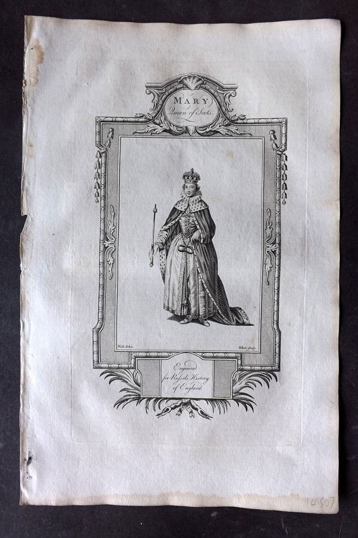 Russell, William 1779 Folio Portrait Print. Mary Queen of Scots: Antique Copper Plate Published 1779, London for "A New and Authentic History of England" [Russell's History of England] by William Augustus Russell. Paper Size: 15 x 9 inch (38 x 23cm) Very minor marg