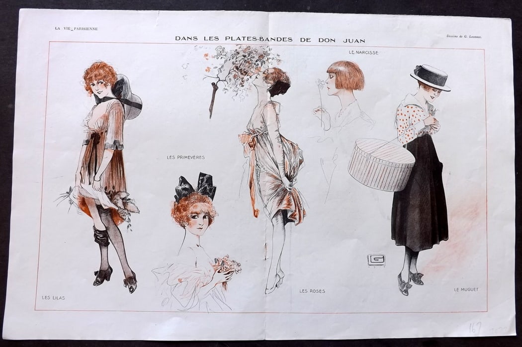 La Vie Parisienne 1918 Art Deco Double Print. Dans les Plates-Bandes by Leonnec: Lithographs Published 1863-1970, Paris for "La Vie Parisienne" Illustrated by Lissac, Barbier, Vallet, Valee, Prejelan, Herouard, Fournier, Kuhn-Regnier, Georges L?onnec and others. Verso text, but no