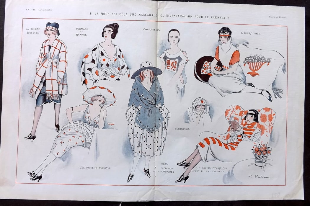 La Vie Parisienne 1919 Double. Si La Mode est deja Une Mascarade by Fabiano: Lithographs Published 1863-1970, Paris for "La Vie Parisienne" Illustrated by Lissac, Barbier, Vallet, Valee, Prejelan, Herouard, Fournier, Kuhn-Regnier, Georges L?onnec and others. Verso text, but no