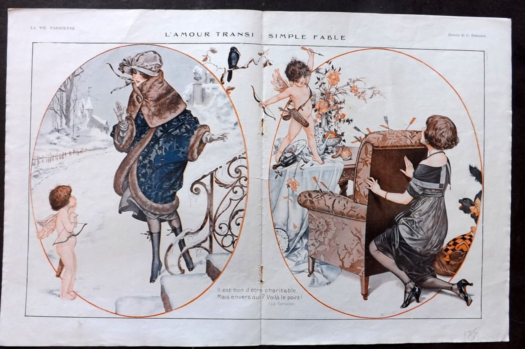 La Vie Parisienne 1919 Art Deco Double Print. L'Amour Trans by Herouard: Lithographs Published 1863-1970, Paris for "La Vie Parisienne" Illustrated by Lissac, Barbier, Vallet, Valee, Prejelan, Herouard, Fournier, Kuhn-Regnier, Georges L?onnec and others. Verso text, but no