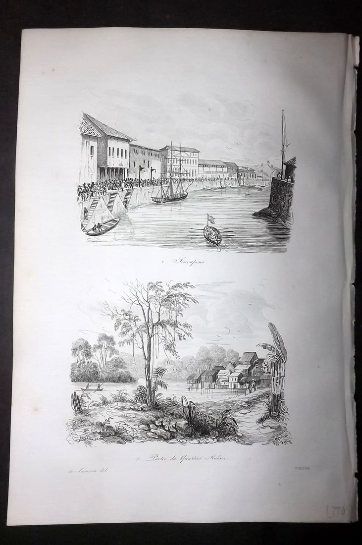 d'Urville, Jules Dumont 1834 Antique Print. Singapore - Port & Quarter: Antique Etching Published 1834, Paris for "Voyage Pittoresque autour du Monde - Resume general des voyages de decouvertes..." By Jules Dumont d'Urville. Paper Size: 10.5 x 7 inch (27 x 18cm) Good Cond