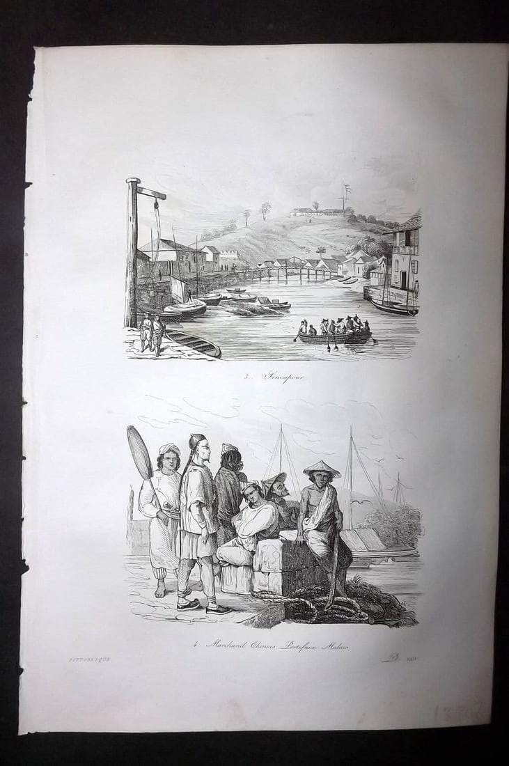 d'Urville, Jules Dumont 1834 Antique Print. Singapore - View & Malay Chinese Costume (1 of 1)