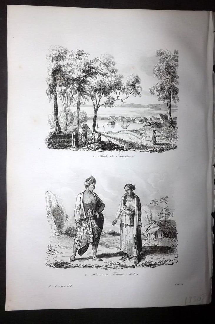 d'Urville, Jules Dumont 1834 Antique Print. Singapore - View & Malay Costume: Antique Etching Published 1834, Paris for "Voyage Pittoresque autour du Monde - Resume general des voyages de decouvertes..." By Jules Dumont d'Urville. Paper Size: 10.5 x 7 inch (27 x 18cm) Good Cond