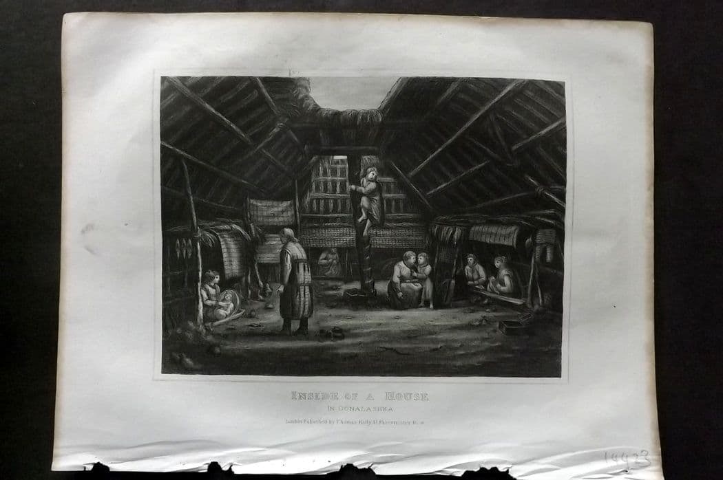 Kelly, Christopher 1841 Antique Print. Inside of a House, Alaska: Antique Steel Engraving Published 1841, London for "An Authentic History and Entertaining Description of the World and its Inhabitants..." by Christopher Kelly and Thomas Bartlett. Paper Size: 10.5 x