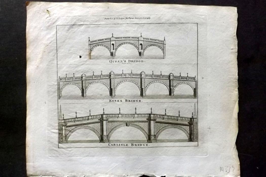Payne, John 1809 Antique Print. Queen's, Essex, Carlisle Bridges, Ireland: Antique Copper Plate Published 1809, Dublin for "Universal Geography, formed into a New and Entire System..." by John Payne. Paper Size: 10 x 8 inch (25 x 20cm) Approx. Very minor margin toning. Good 