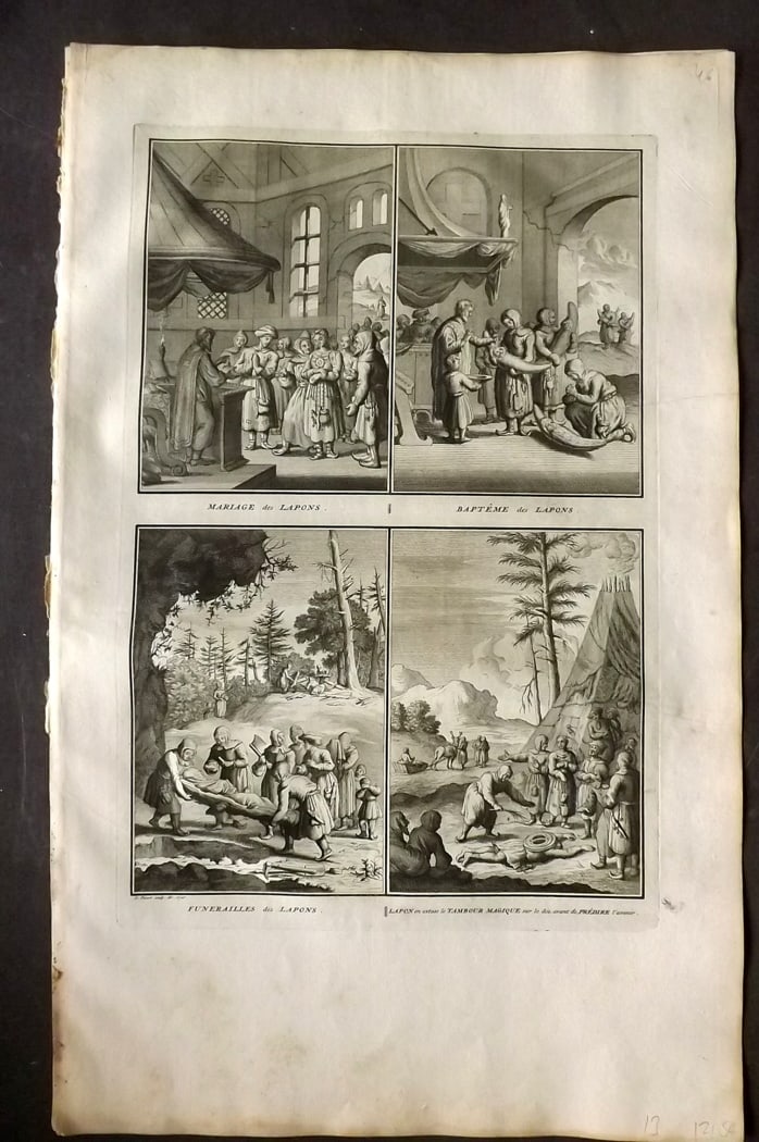 Picart, Bernard 1728 Folio Antique Print. Laplanders Marriage, Funeral, Baptism: Folio Copper Plate Published 1723-43 [1728] Amsterdam for "Ceremonies et coutumes religieuses de peuples idolatres" by Bernard Picart. Paper Size: 18 x 11 inch (46 x 28cm) Good Condition