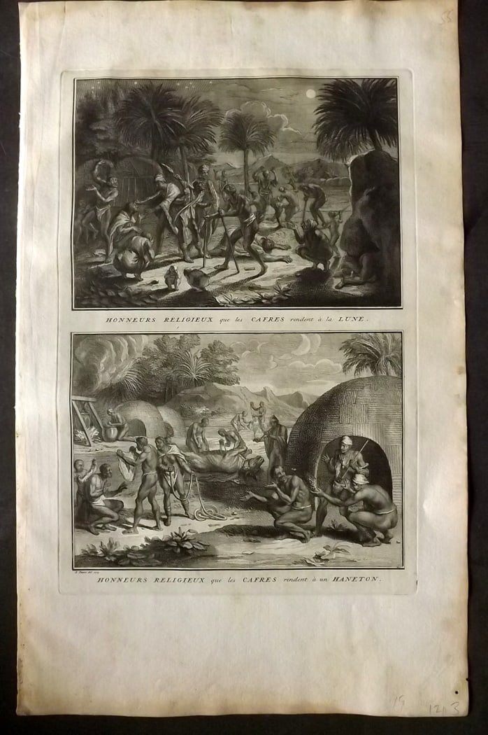 Picart, Bernard 1728 Folio Antique Print. Ceremonies of the Kaffirs, South Africa: Folio Copper Plate Published 1723-43 [1728] Amsterdam for "Ceremonies et coutumes religieuses de peuples idolatres" by Bernard Picart. Paper Size: 18 x 11 inch (46 x 28cm) Good Condition