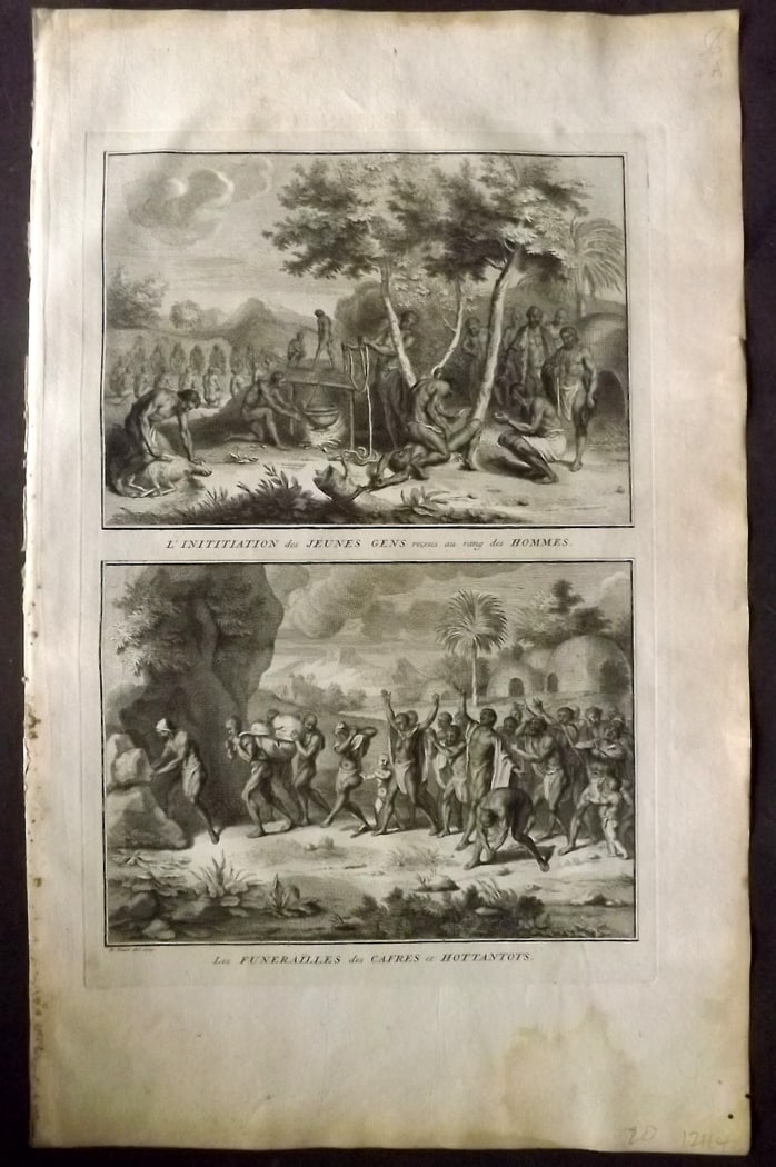 Picart, Bernard 1728 Folio Antique Print. Initiation & Funerla of the Kaffirs, South Africa: Folio Copper Plate Published 1723-43 [1728] Amsterdam for "Ceremonies et coutumes religieuses de peuples idolatres" by Bernard Picart. Paper Size: 18 x 11 inch (46 x 28cm) Good Condition