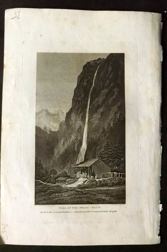 Polehampton, Edward 1823 Print. Fall of the Staub - Bach. Lauterbrunnen Switzerland: Copper Plate Published 1823, London for "The Gallery of Nature and Art: or, A Tour Through Creation and Science" by the Rev. Edward Polehampton & John M. Good. Paper Size: 10 x 7 inch (26 x 18cm) Very