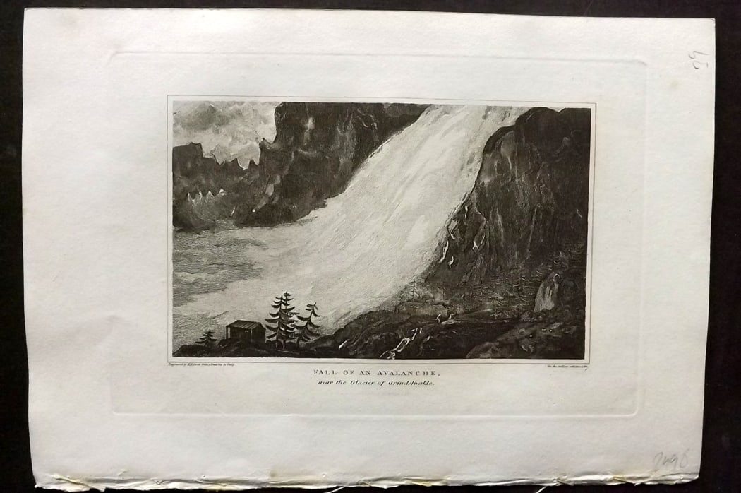 Polehampton, Edward 1823 Antique Print. Falls of an Avalanche Grindelwald Switzerland: Copper Plate Published 1823, London for "The Gallery of Nature and Art: or, A Tour Through Creation and Science" by the Rev. Edward Polehampton & John M. Good. Paper Size: 10 x 7 inch (26 x 18cm) Good