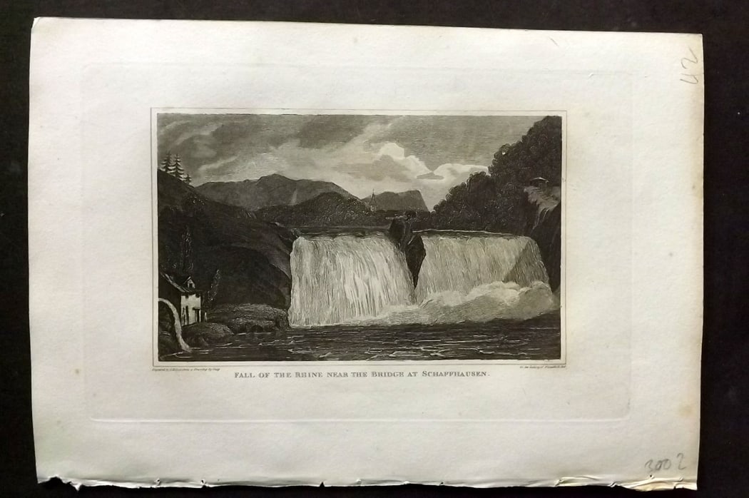 Polehampton, Edward 1823 Fall of the Rhine near the Bridge at Schaffhausen Switzerland: Copper Plate Published 1823, London for "The Gallery of Nature and Art: or, A Tour Through Creation and Science" by the Rev. Edward Polehampton & John M. Good. Paper Size: 10 x 7 inch (26 x 18cm) Good