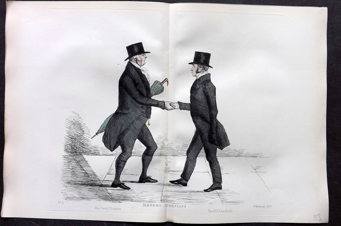 Crombie, Benjamin 1882 Folio HCol Scottish Caricature Portrait. Rev. David Dickson & R. S. Candlish: Hand Colored Etching Published 1882, Edinburgh for "Modern Athenians A Series of Original Portraits of Memorable Citizens of Edinburgh" Drawn and Etched by Benjamin W. Crombie between 1837-47. Centre