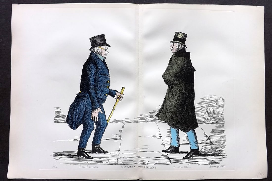 Crombie, Benjamin 1882 Folio HCol Scottish Caricature Portrait. Lt. Gen. Ainslie & Bindon Blood 03: Hand Colored Etching Published 1882, Edinburgh for "Modern Athenians A Series of Original Portraits of Memorable Citizens of Edinburgh" Drawn and Etched by Benjamin W. Crombie between 1837-47. Centre