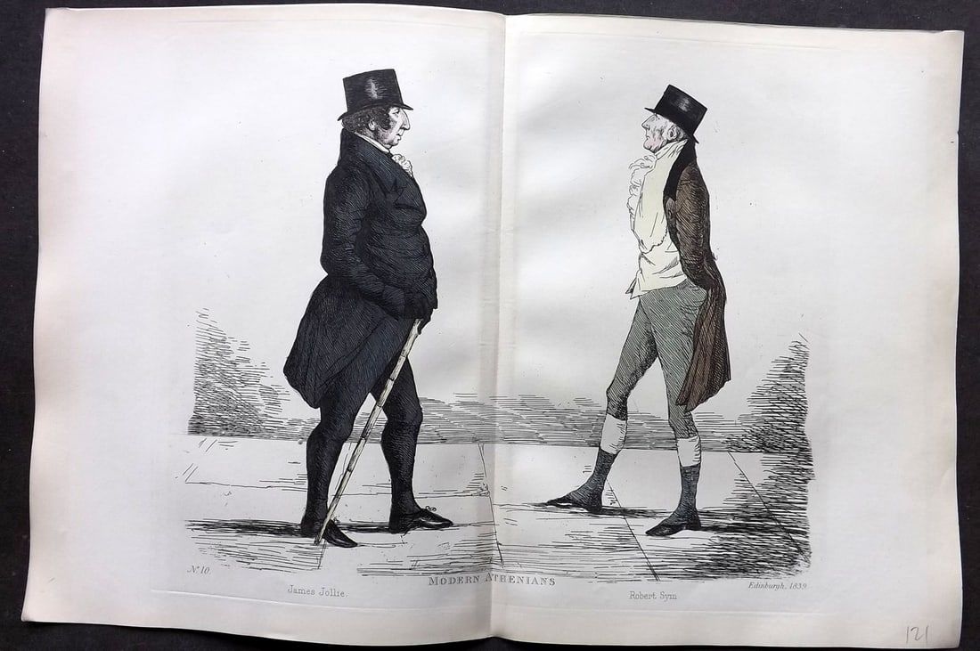 Crombie, Benjamin 1882 Folio HCol Scottish Caricature Portrait. James Jollie & Robert Sym 10: Hand Colored Etching Published 1882, Edinburgh for "Modern Athenians A Series of Original Portraits of Memorable Citizens of Edinburgh" Drawn and Etched by Benjamin W. Crombie between 1837-47. Centre