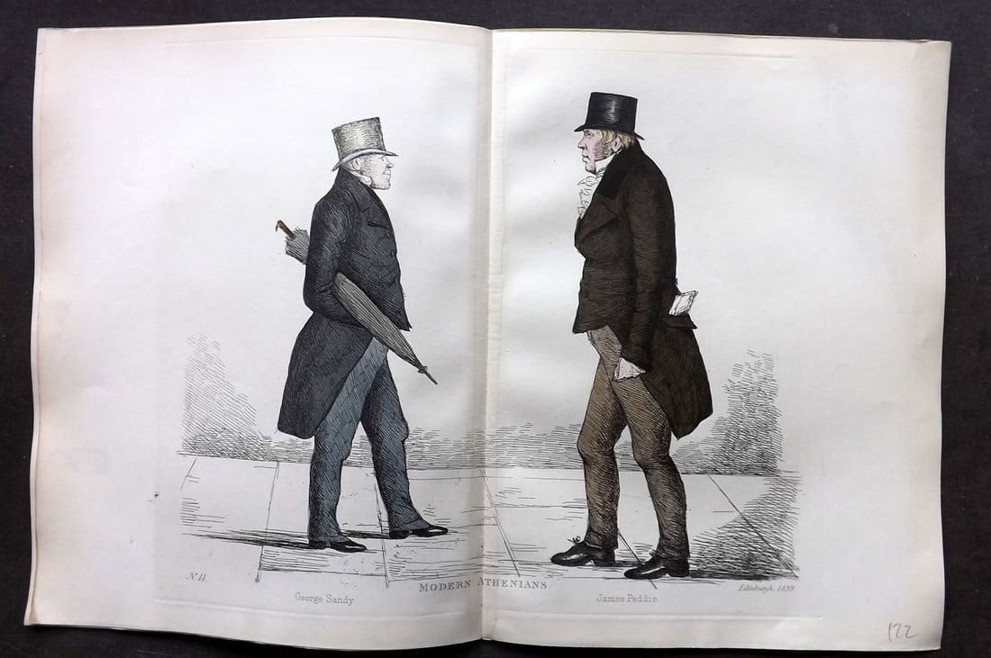 Crombie, Benjamin 1882 Folio HCol Scottish Caricature Portrait. George Sandy & James Peddie 11: Hand Colored Etching Published 1882, Edinburgh for "Modern Athenians A Series of Original Portraits of Memorable Citizens of Edinburgh" Drawn and Etched by Benjamin W. Crombie between 1837-47. Centre