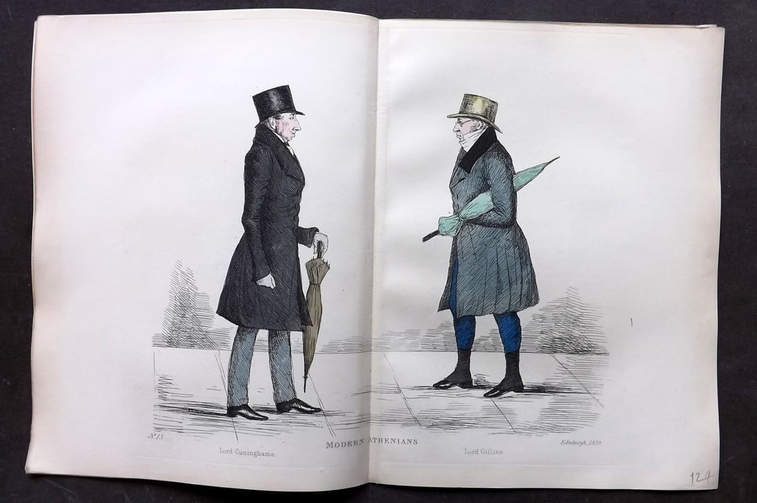 Crombie, Benjamin 1882 Folio HCol Scottish Caricature Portrait. Lord Cuninghame & Lord Gillies 13: Hand Colored Etching Published 1882, Edinburgh for "Modern Athenians A Series of Original Portraits of Memorable Citizens of Edinburgh" Drawn and Etched by Benjamin W. Crombie between 1837-47. Centre