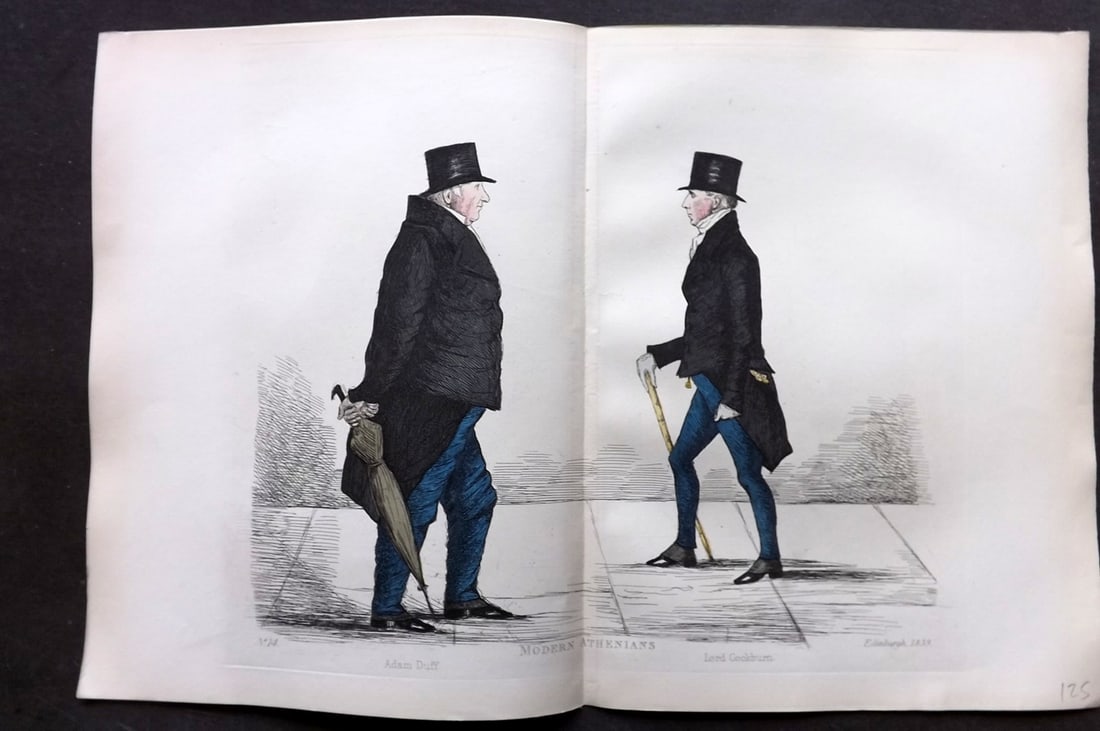 Crombie, Benjamin 1882 Folio HCol Scottish Caricature Portrait. Adam Duff & Lord Cockburn 14: Hand Colored Etching Published 1882, Edinburgh for "Modern Athenians A Series of Original Portraits of Memorable Citizens of Edinburgh" Drawn and Etched by Benjamin W. Crombie between 1837-47. Centre