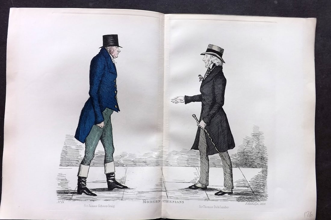 Crombie, Benjamin 1882 Folio HCol Scottish Caricature Portrait. James Gibson-Craig & Thomas: Hand Colored Etching Published 1882, Edinburgh for "Modern Athenians A Series of Original Portraits of Memorable Citizens of Edinburgh" Drawn and Etched by Benjamin W. Crombie between 1837-47. Centre