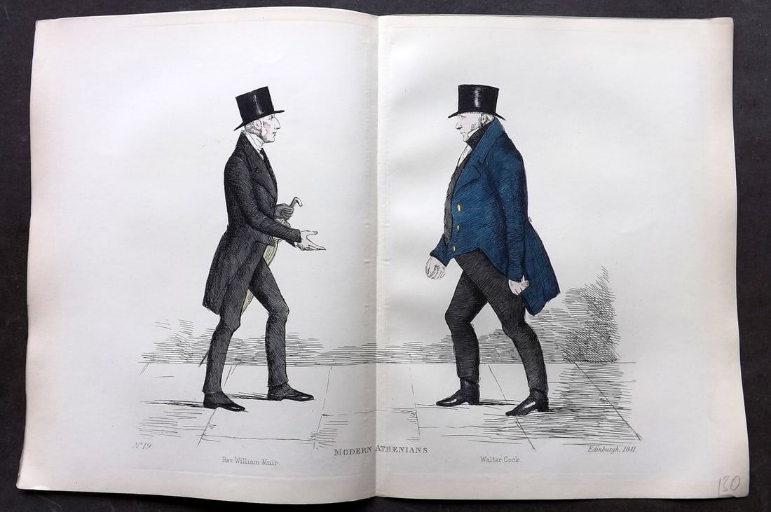 Crombie, Benjamin 1882 Folio HCol Scottish Caricature Portrait. Rev. William Muir & Walter Cook 19: Hand Colored Etching Published 1882, Edinburgh for "Modern Athenians A Series of Original Portraits of Memorable Citizens of Edinburgh" Drawn and Etched by Benjamin W. Crombie between 1837-47. Centre