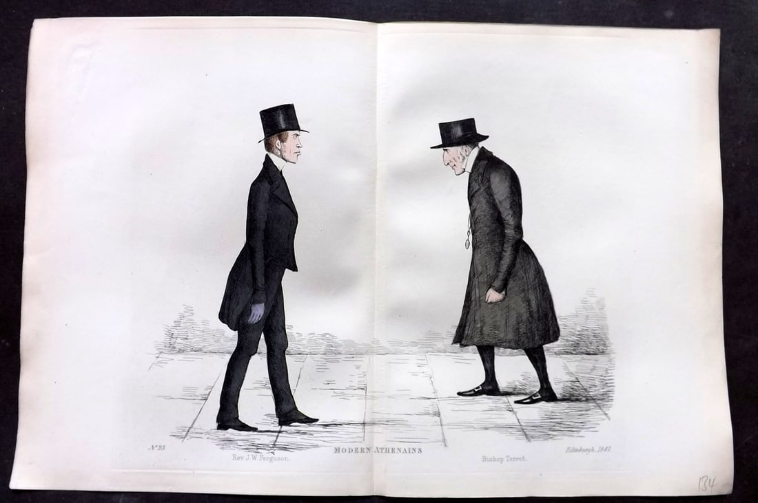 Crombie, Benjamin 1882 Folio HCol Scottish Caricature Portrait. Rev. J. W. Ferguson & Bishop Terrot: Hand Colored Etching Published 1882, Edinburgh for "Modern Athenians A Series of Original Portraits of Memorable Citizens of Edinburgh" Drawn and Etched by Benjamin W. Crombie between 1837-47. Centre