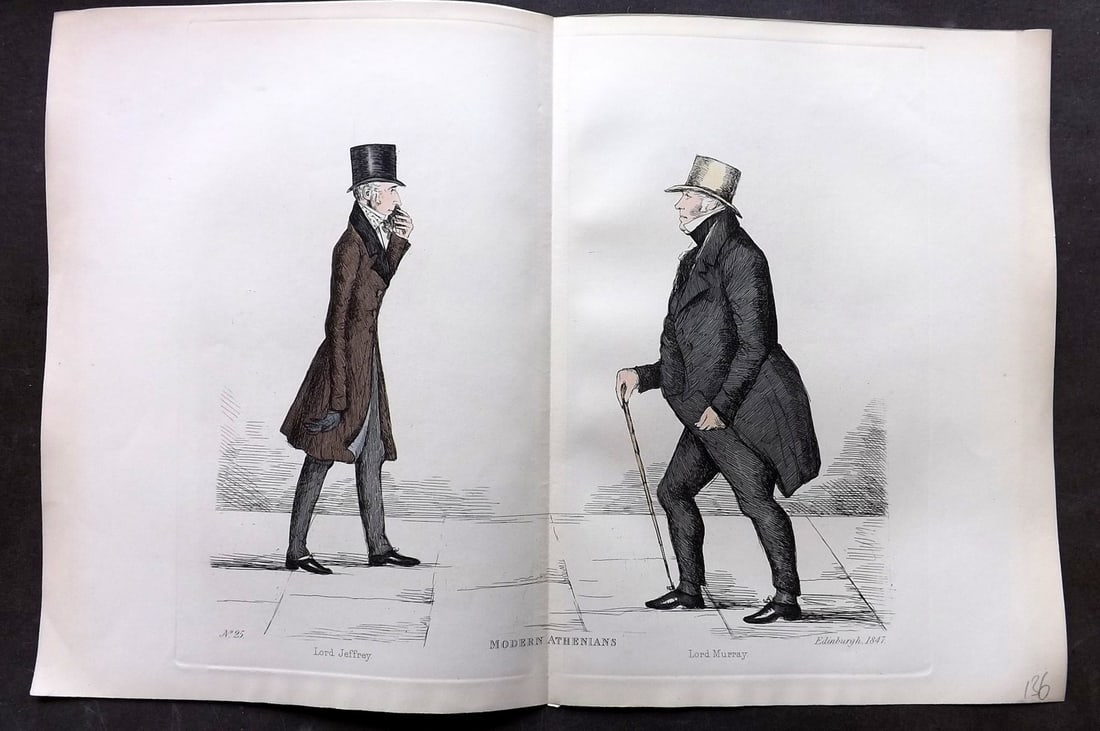 Crombie, Benjamin 1882 Folio HCol Scottish Caricature Portrait. Lord Jeffrey & Lord Murray 25: Hand Colored Etching Published 1882, Edinburgh for "Modern Athenians A Series of Original Portraits of Memorable Citizens of Edinburgh" Drawn and Etched by Benjamin W. Crombie between 1837-47. Centre