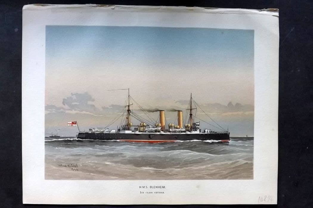 H. M. Navy 1893 Antique Ship Print. H. M. S. Blenheim, 1st Class Cruiser: Antique Chromolithograph Published 1889-1893 by J.S.Virtue & Co., London for "Her Majesty's Navy" By Lt. Charles Rathbone Low. Illustrated by W. Christian Symons and W. Fred Mitchell. Paper Size: 10.5