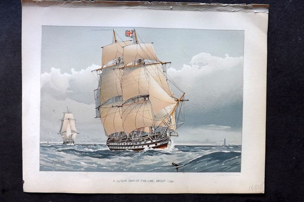 H. M. Navy 1893 Antique Ship Print. A 74 Gun Ship of the Line about 1794: Antique Chromolithograph Published 1889-1893 by J.S.Virtue & Co., London for "Her Majesty's Navy" By Lt. Charles Rathbone Low. Illustrated by W. Christian Symons and W. Fred Mitchell. Paper Size: 10.5