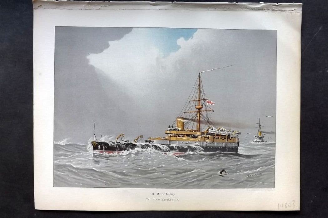 H. M. Navy 1893 Antique Ship Print. H. M. S. Hero, 2nd Class Battleship (1 of 1)