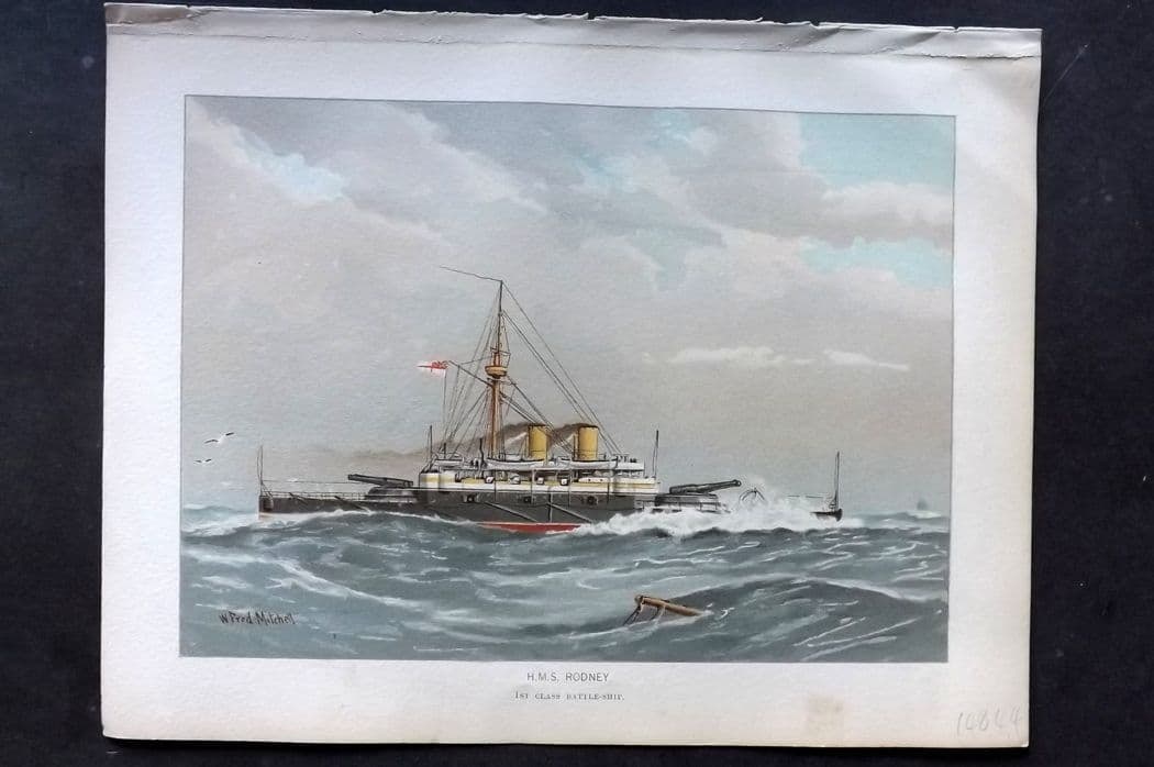 H. M. Navy 1893 Antique Ship Print. H. M. S. Rodney, 1st Class Battleship: Antique Chromolithograph Published 1889-1893 by J.S.Virtue & Co., London for "Her Majesty's Navy" By Lt. Charles Rathbone Low. Illustrated by W. Christian Symons and W. Fred Mitchell. Paper Size: 10.5