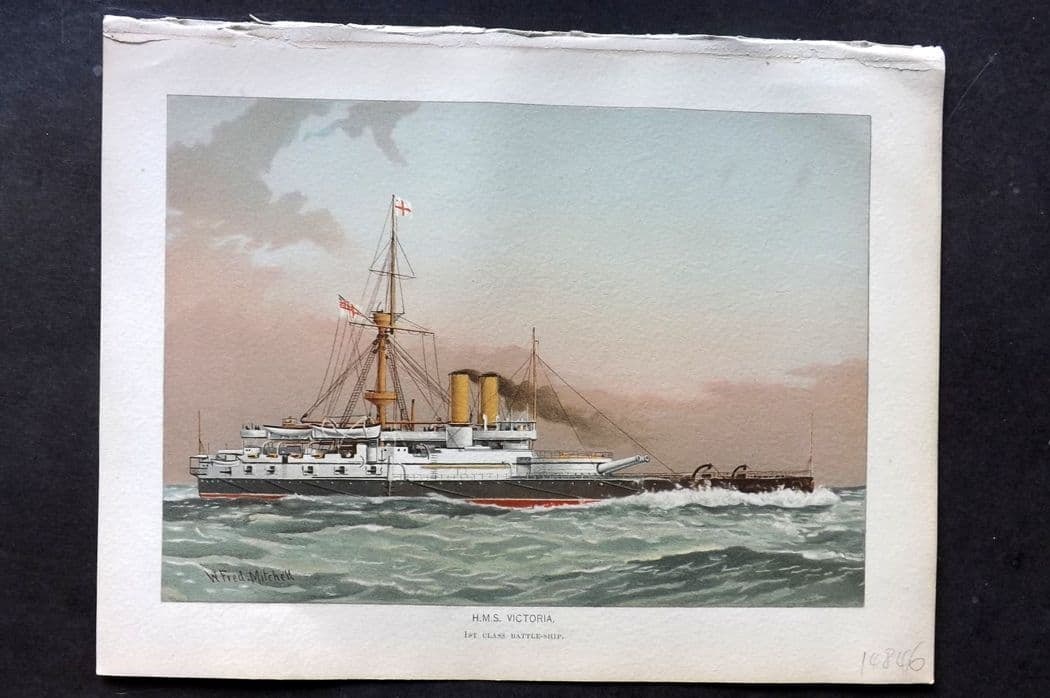 H. M. Navy 1893 Antique Ship Print. H. M. S. Victoria, 1st Class Battle-Ship: Antique Chromolithograph Published 1889-1893 by J.S.Virtue & Co., London for "Her Majesty's Navy" By Lt. Charles Rathbone Low. Illustrated by W. Christian Symons and W. Fred Mitchell. Paper Size: 10.5