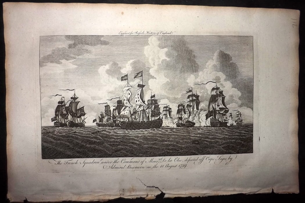 Russell, William 1779 Folio Ship Print. French Squadron defeated of Cape Lago, Portugal 1759: Folio Copper Plate Published 1779, London for "A New and Authentic History of England" [Russell's History of England] by William Augustus Russell. Paper Size: 15 x 9 inch (38 x 23cm) Small bottom marg