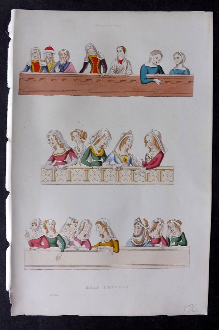 Shaw, Henry 1843 Hand Col Print. Head Dresses. 14th Century: Hand Colored Aquatint Published 1843 London for "Dresses and Decorations of the Middle Ages" by Henry Shaw. Paper Size: 11 x 7 inch (28 x 18cm) Good Condition